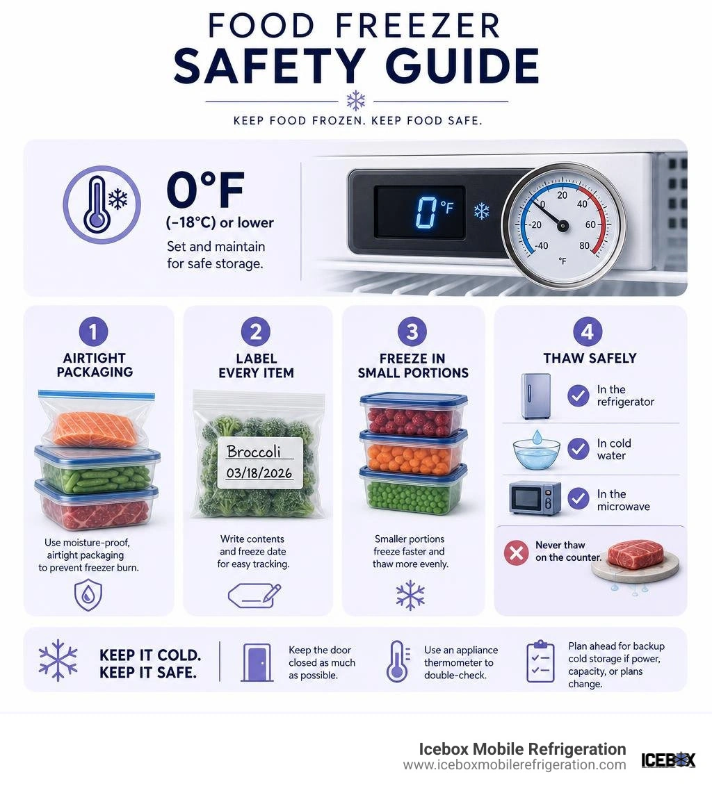 Food freezer safety guide: 0°F storage, airtight packaging, labeling, and safe thawing infographic Food freezer safety guide: 0°F storage, airtight packaging, labeling, and safe thawing infographic