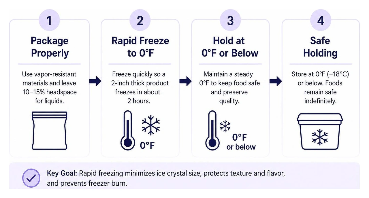 Food freezing process timeline from packaging to rapid 0F freezing and safe holding Food freezing process timeline from packaging to rapid 0F freezing and safe holding