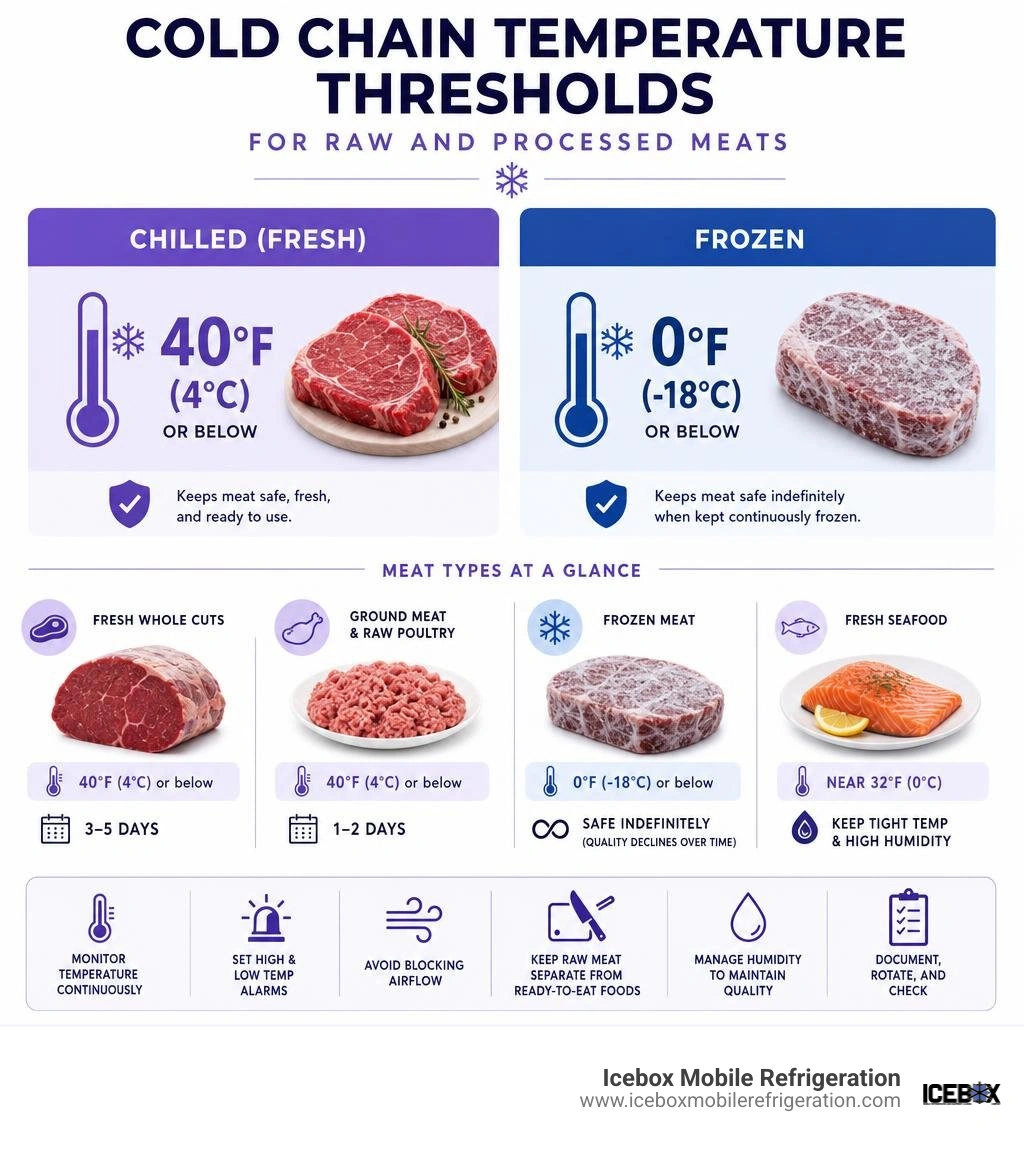 Cold chain temperature thresholds for raw and processed meats infographic Cold chain temperature thresholds for raw and processed meats infographic