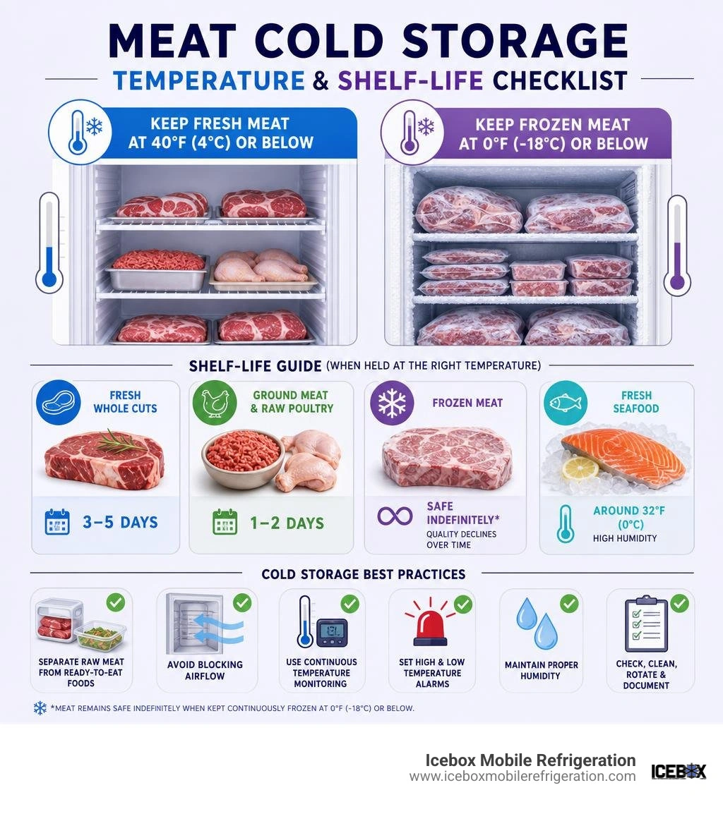 Meat cold storage temperature and shelf-life checklist infographic Meat cold storage temperature and shelf-life checklist infographic
