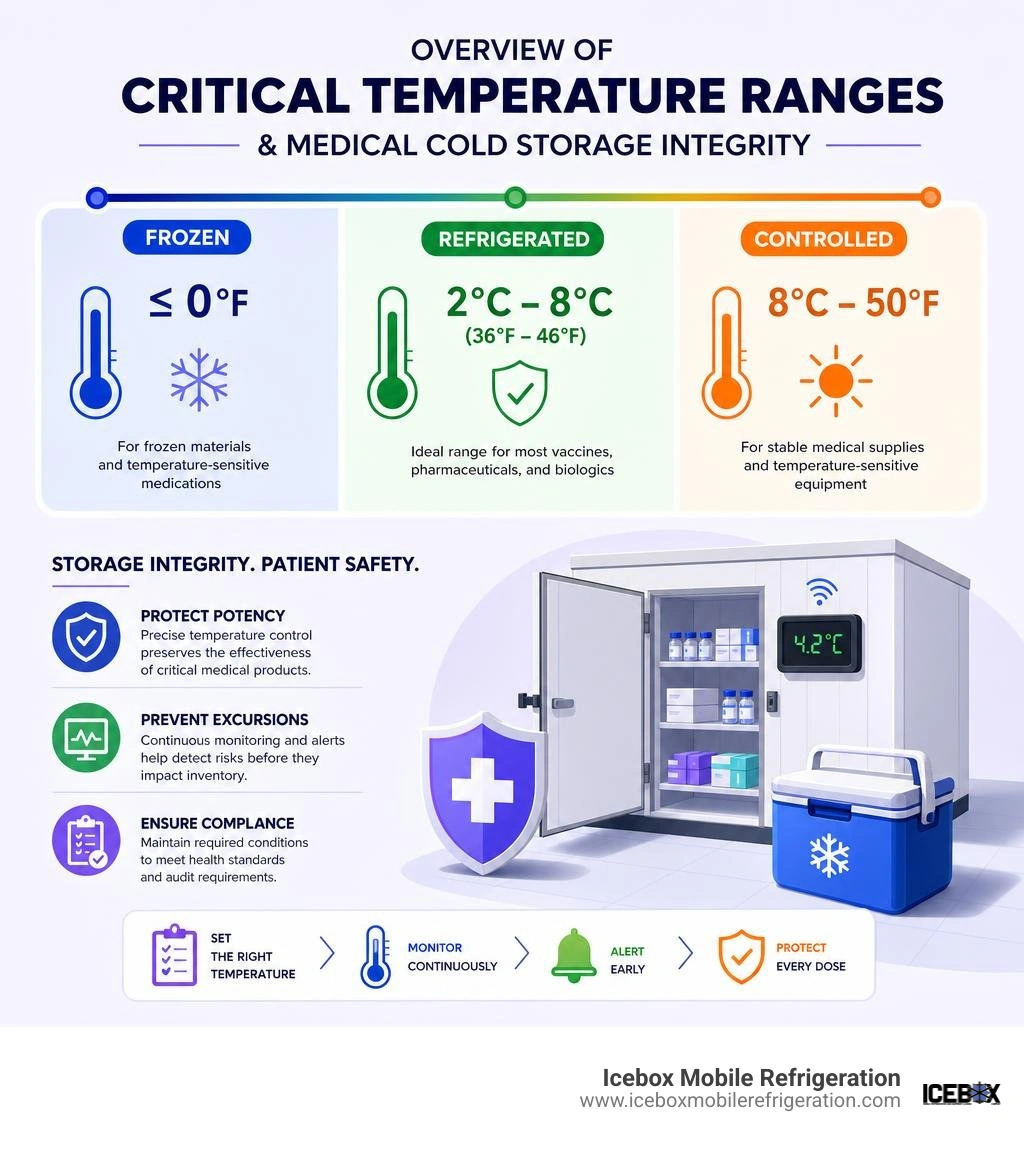 Overview of critical temperature ranges and medical cold storage integrity infographic Overview of critical temperature ranges and medical cold storage integrity infographic