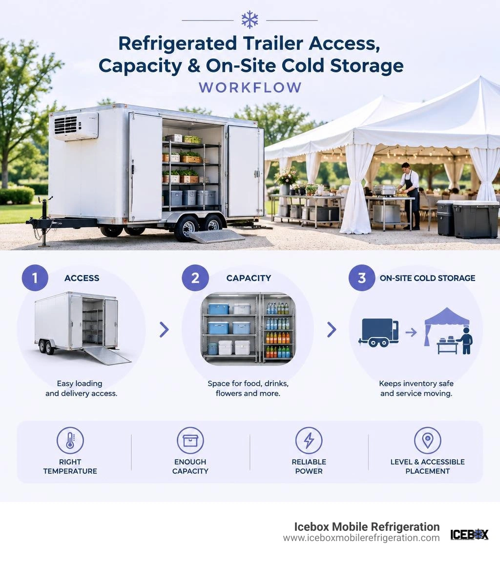 refrigerated trailer access, capacity, and on-site cold storage workflow infographic refrigerated trailer access, capacity, and on-site cold storage workflow infographic