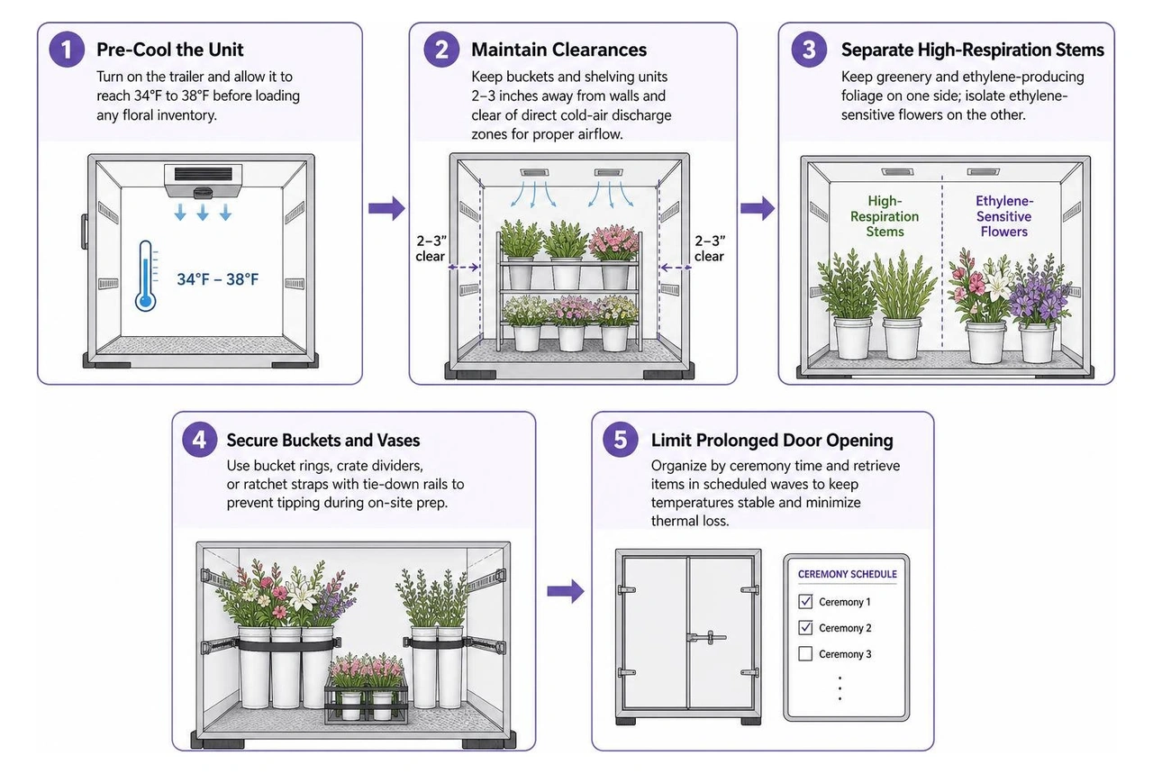 Step-by-step workflow for loading and organizing an on-site floral trailer Step-by-step workflow for loading and organizing an on-site floral trailer