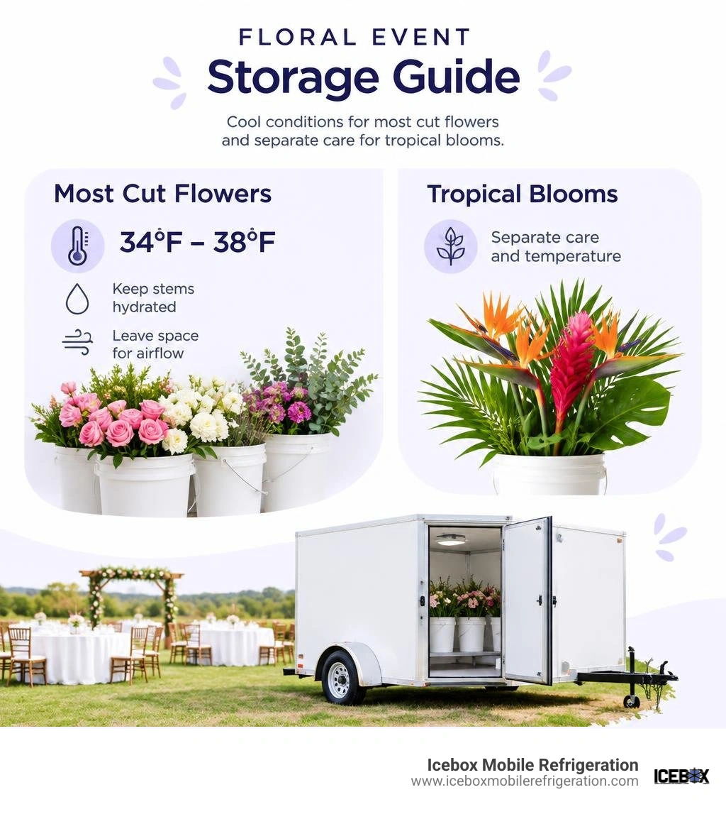 Floral event storage guide showing cool conditions for most cut flowers and separate care for tropical blooms infographic Floral event storage guide showing cool conditions for most cut flowers and separate care for tropical blooms infographic