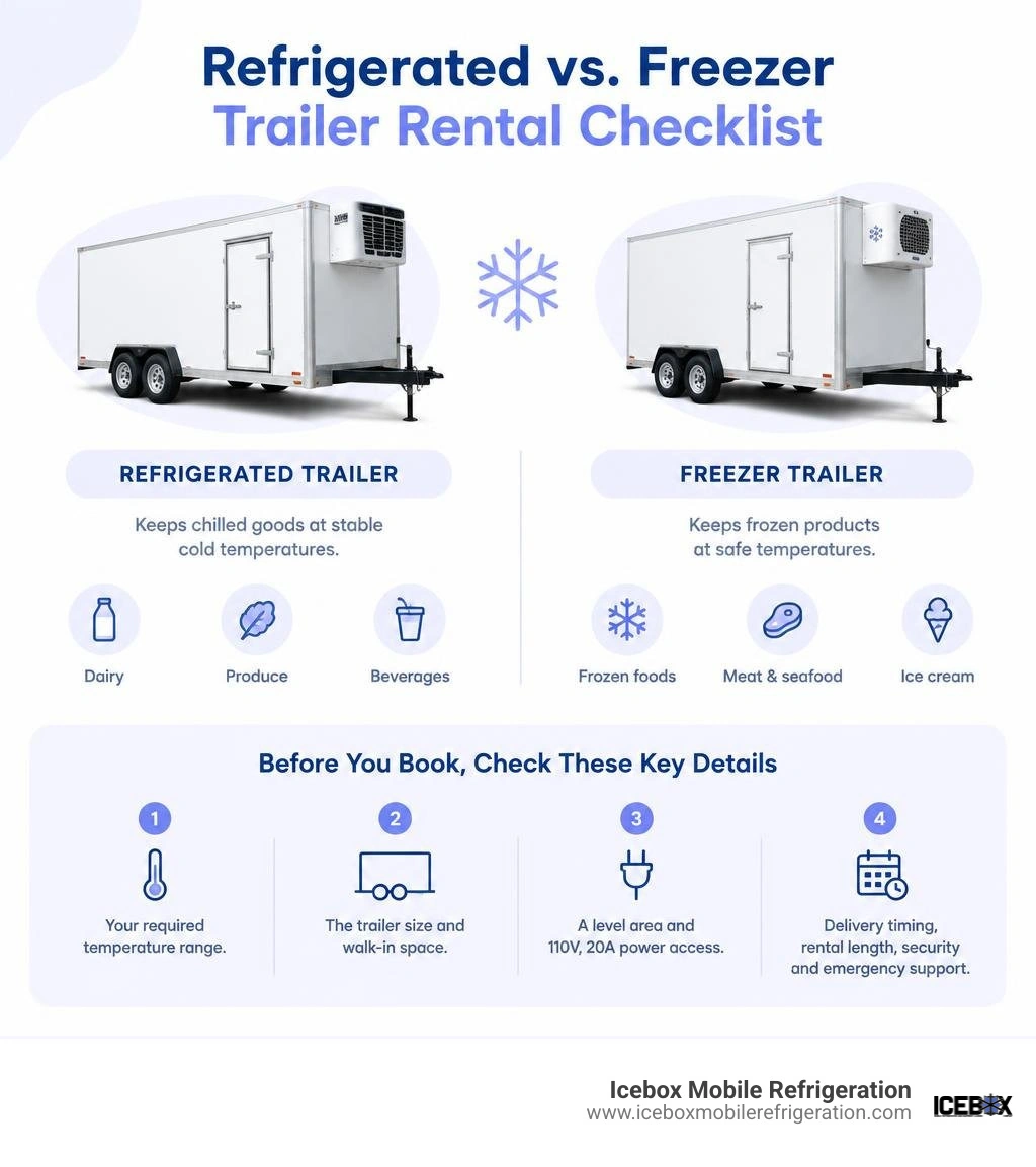 Refrigerated versus freezer trailer rental checklist infographic Refrigerated versus freezer trailer rental checklist infographic