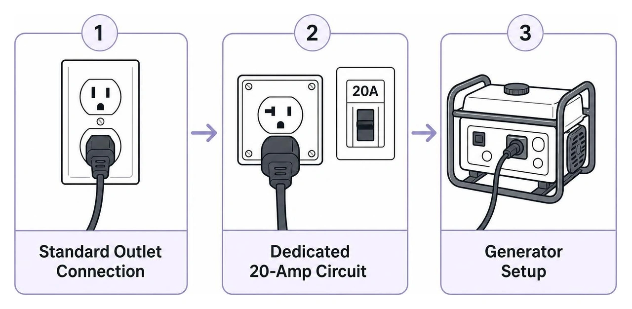 Electrical setup sequence: standard outlet connection, dedicated 20-amp circuit, generator setup Electrical setup sequence: standard outlet connection, dedicated 20-amp circuit, generator setup