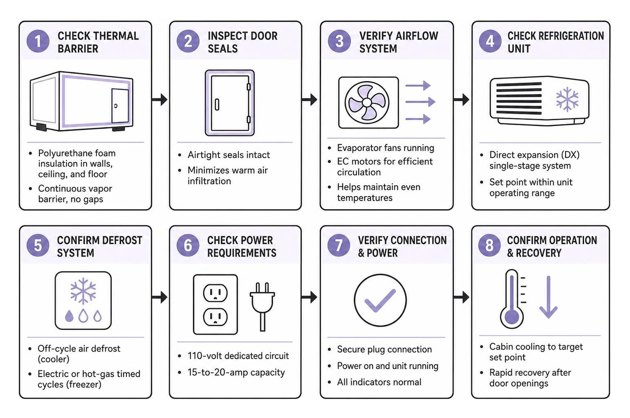 Step-by-step cold storage thermal barrier and power check sequence Step-by-step cold storage thermal barrier and power check sequence