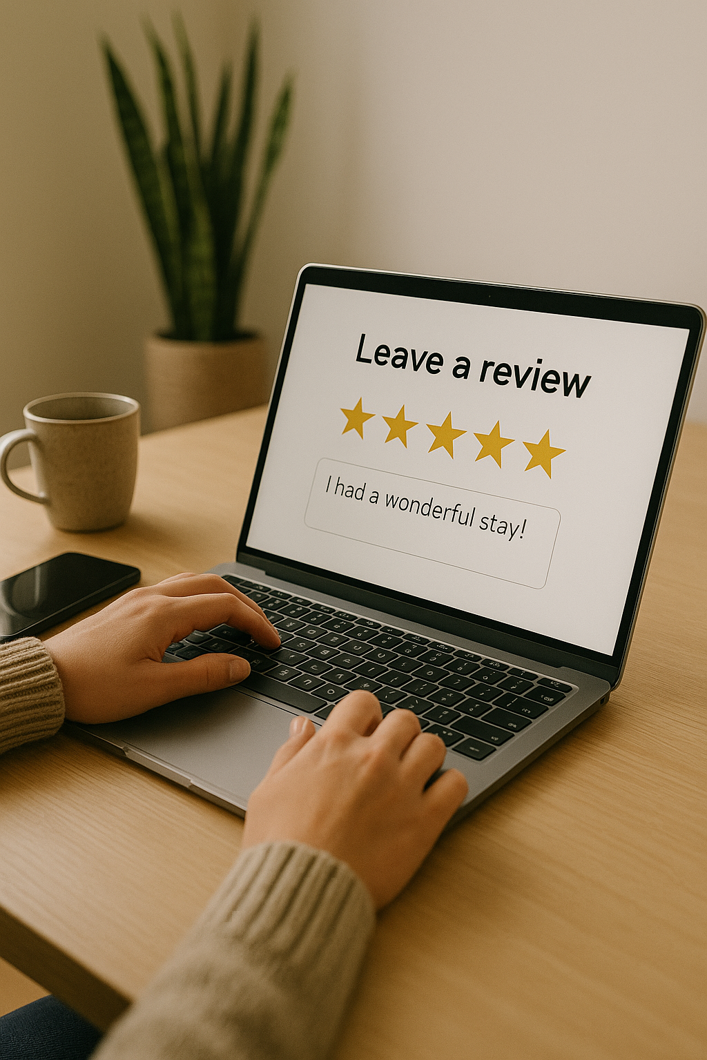 Person leaving a five-star review on a laptop