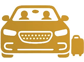 Icon of a gold car with two passengers and a suitcase beside it.
