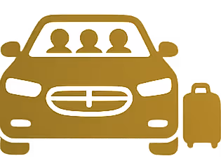 Golden car icon with three passengers visible and a suitcase beside it.