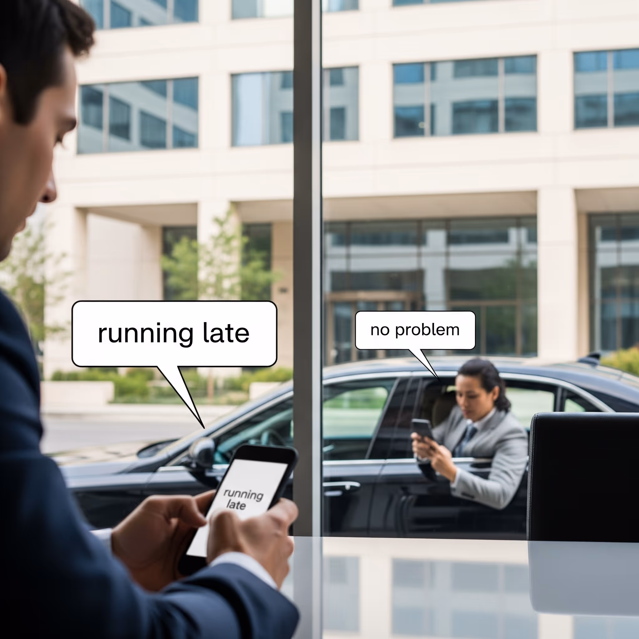 Man inside office sending a 'running late' message on his phone with a speech bubble, while a woman in a car outside responds with a 'no problem' speech bubble.