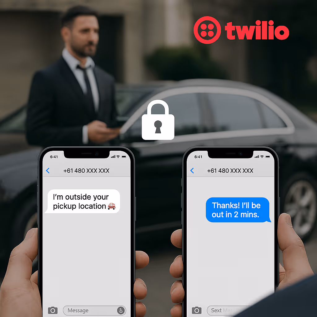 Two smartphones showing a text message conversation about a pickup; left phone says 'I'm outside your pickup location' with car emoji, right phone replies 'Thanks! I'll be out in 2 mins.' with Twilio logo above.