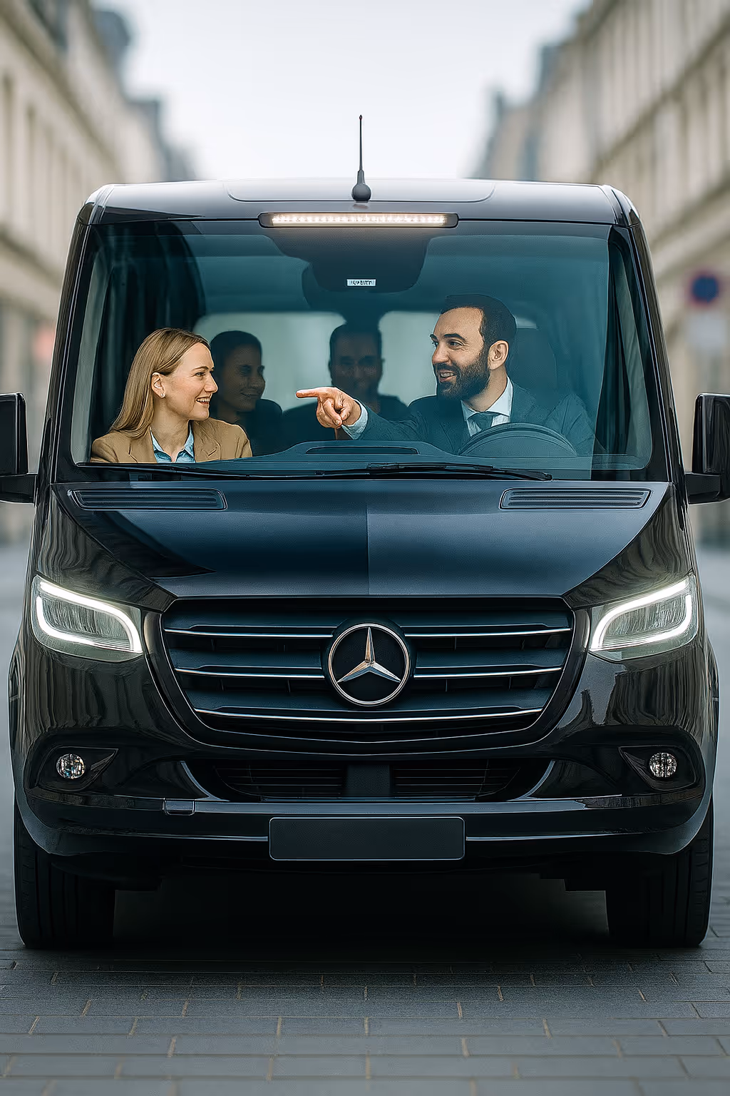 Front view of a black Mercedes van with a man and woman smiling and interacting inside.