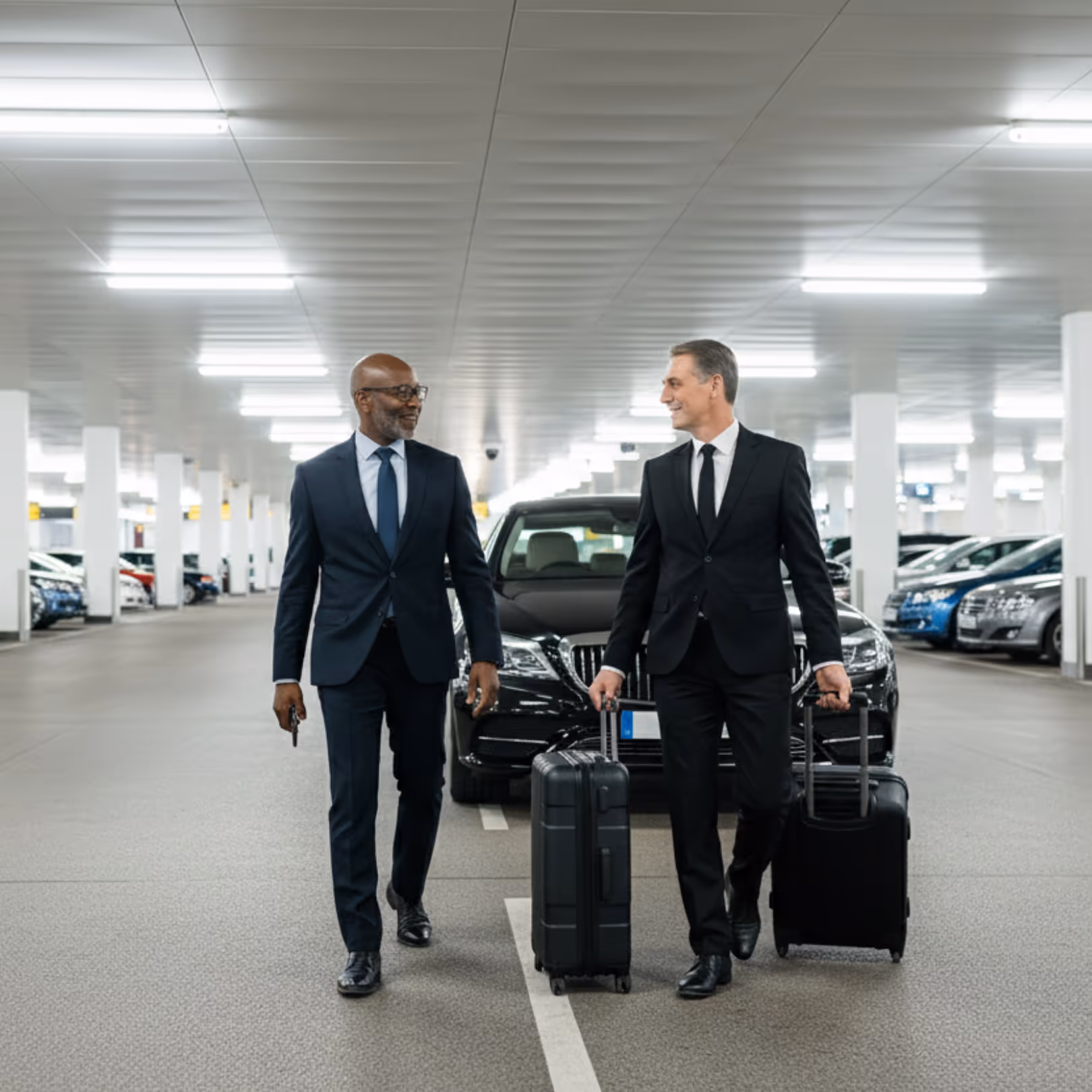 A professional chauffeur rolls two suitcases while a senior executive follows him, walking through an airport car park toward a luxury vehicle for their private airport transfers.