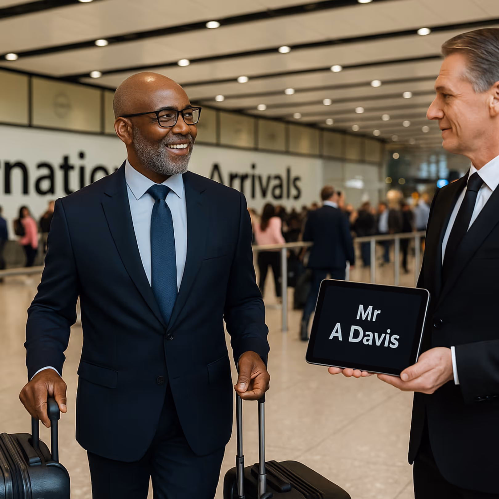 A professional chauffeur holds a name board for a smiling executive at an international arrivals terminal, emphasizing seamless airport transfers.