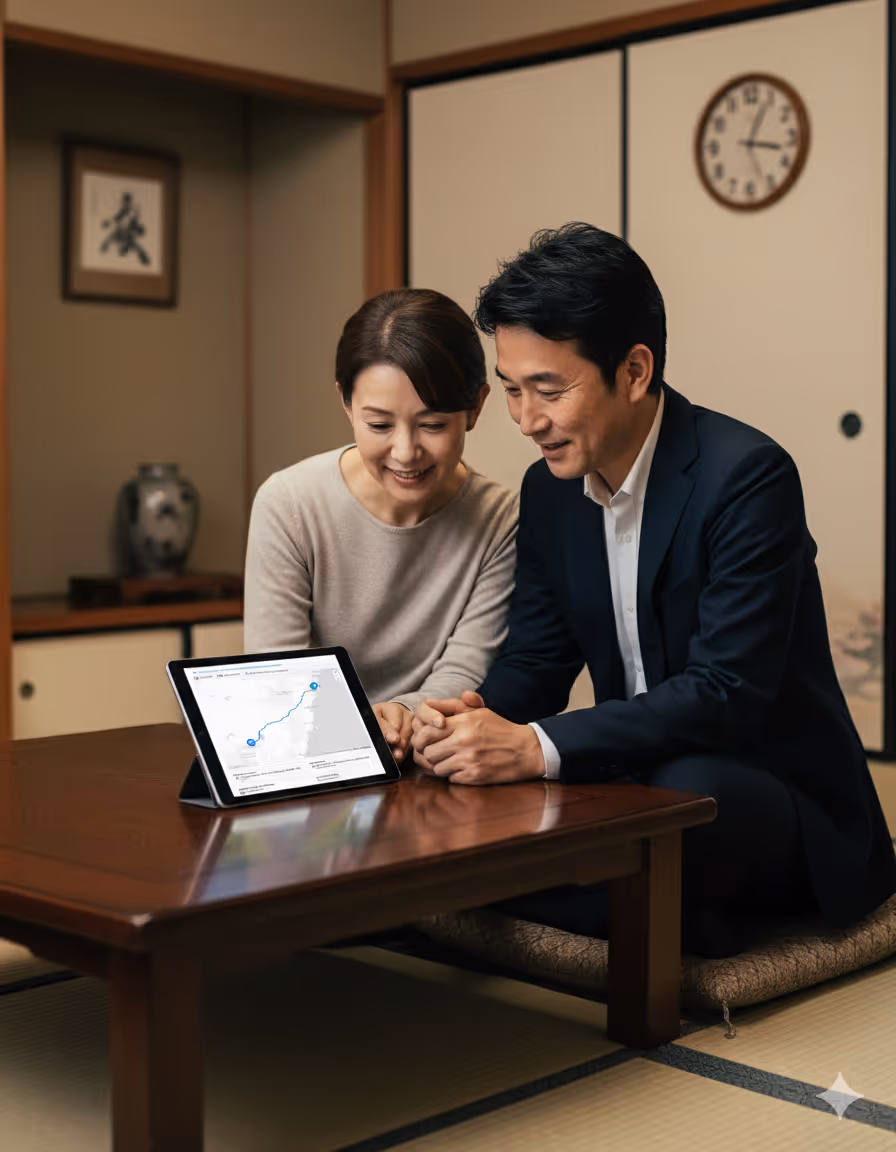 Smiling couple sitting on cushions at a low wooden table looking at a tablet displaying a map with a marked route.