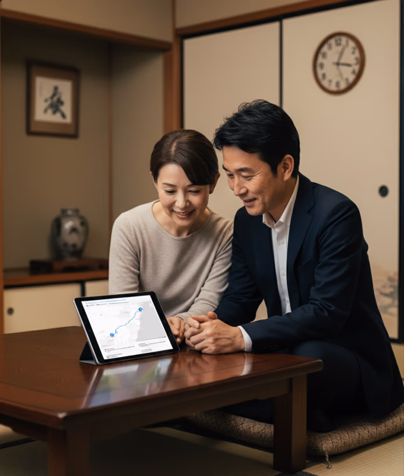 A professional chauffeur holds a name board for a smiling executive at an international arrivals terminal, emphasizing seamless airport transfers.