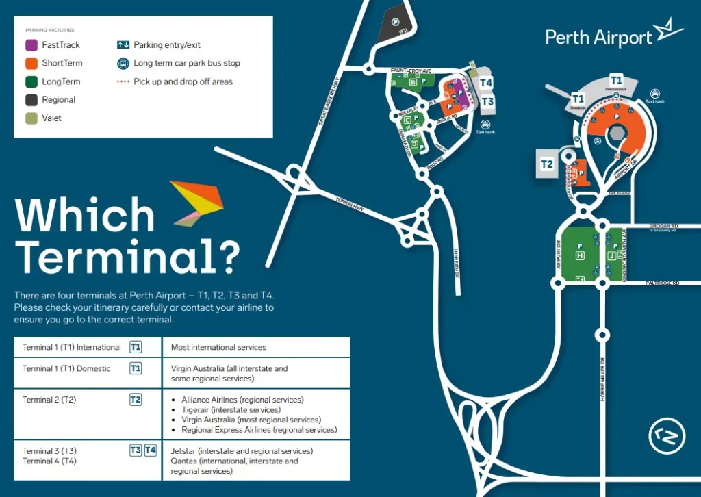 Map of Perth Airport showing four terminals T1, T2, T3, and T4 with parking facilities and airline service details for each terminal.