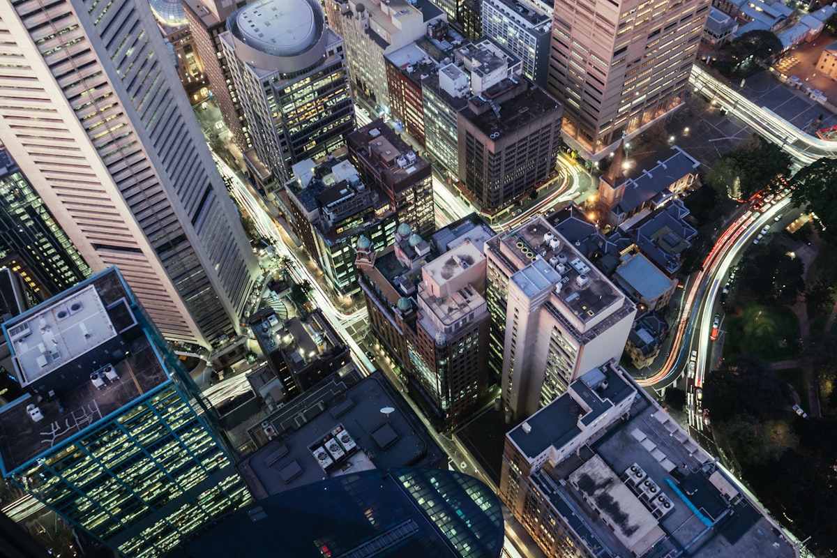 Aerial view of Sydney city lit up at night