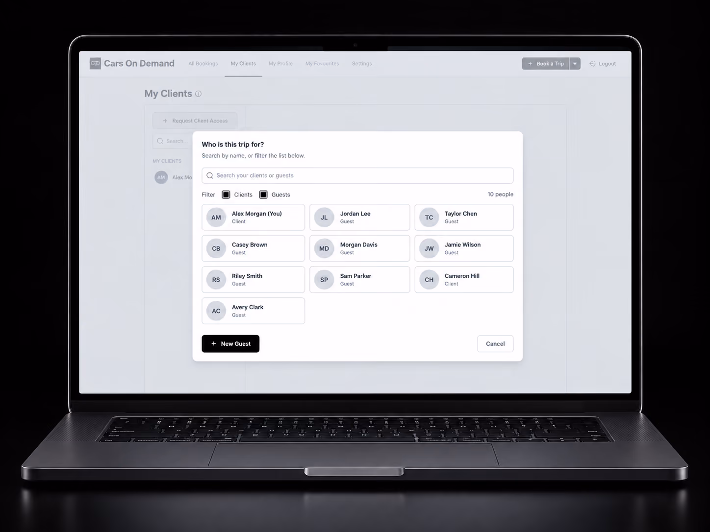 Cars on Demand dashboard asking who the trip is for, with a list of clients and guests