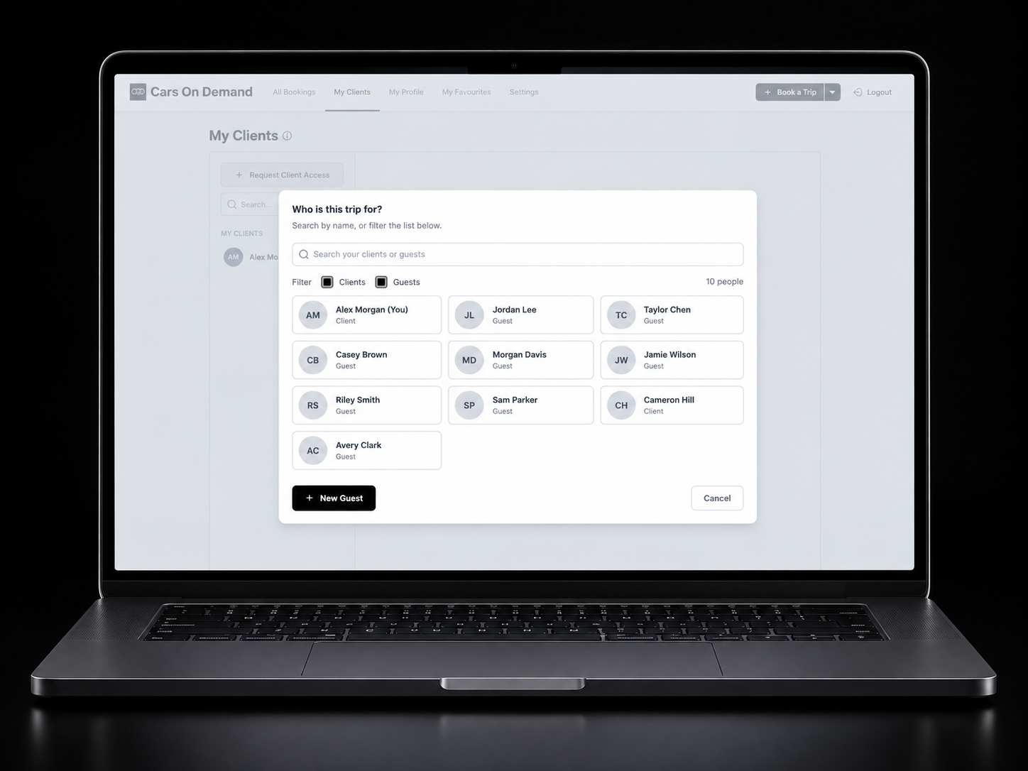 Cars on Demand dashboard asking who the trip is for, with a list of clients and guests