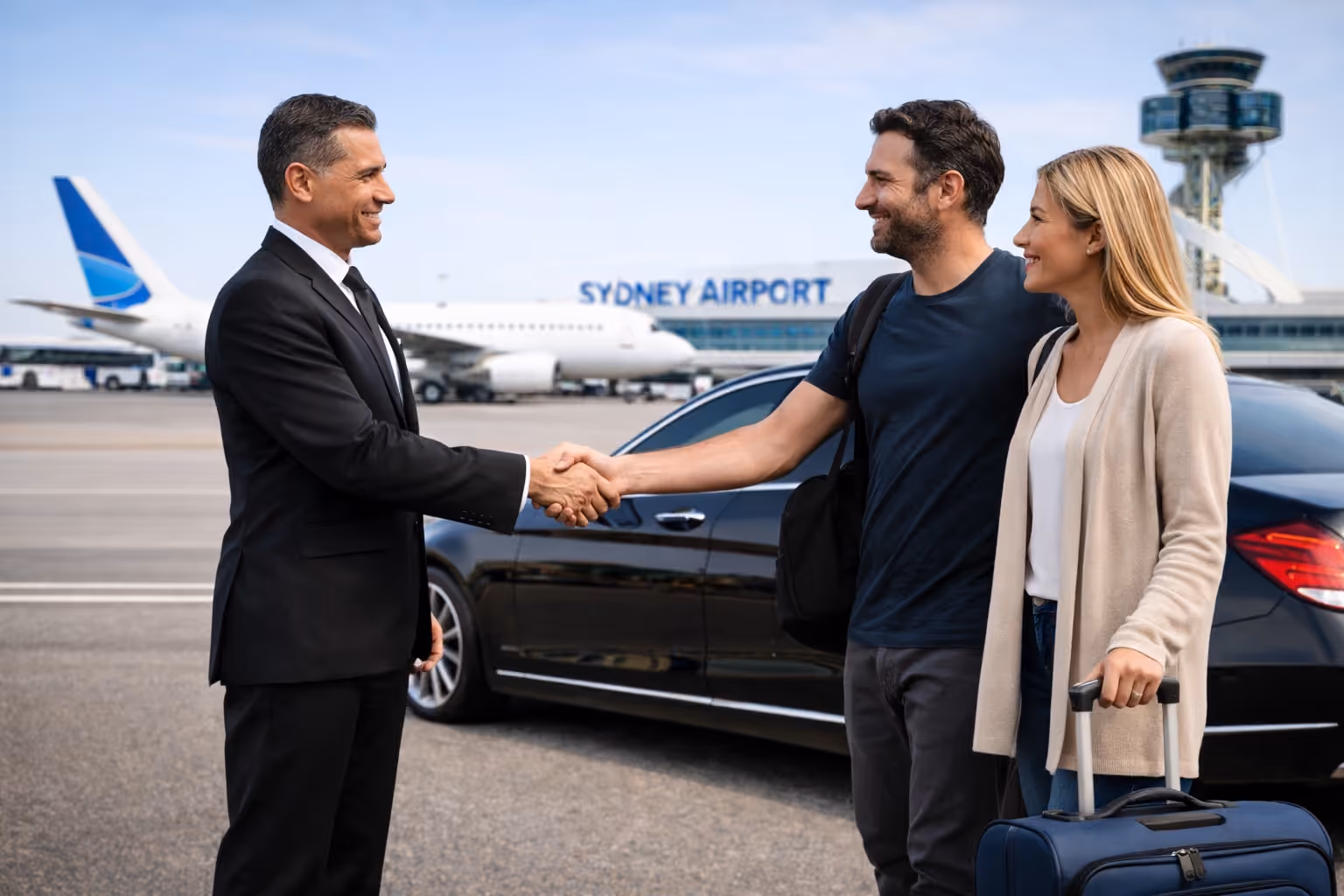 Chauffeur greeting passengers beside the car at the airport