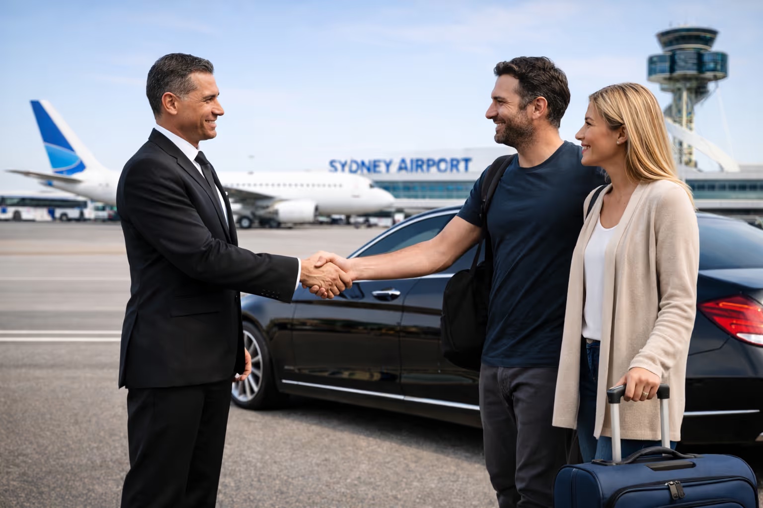 Chauffeur greeting passengers beside the car at the airport