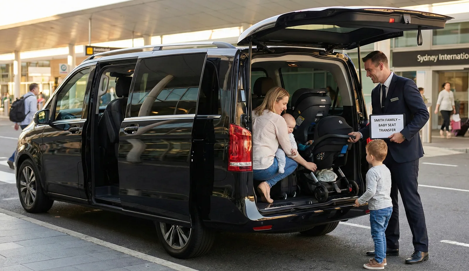 Chauffeur fitting a child seat in a black people mover for a family airport transfer