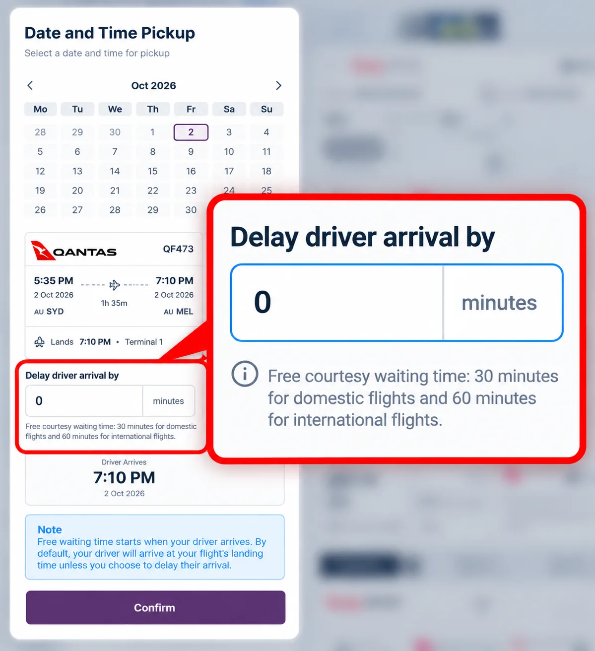 Cars On Demand booking screen with flight details, pickup time and Confirm button