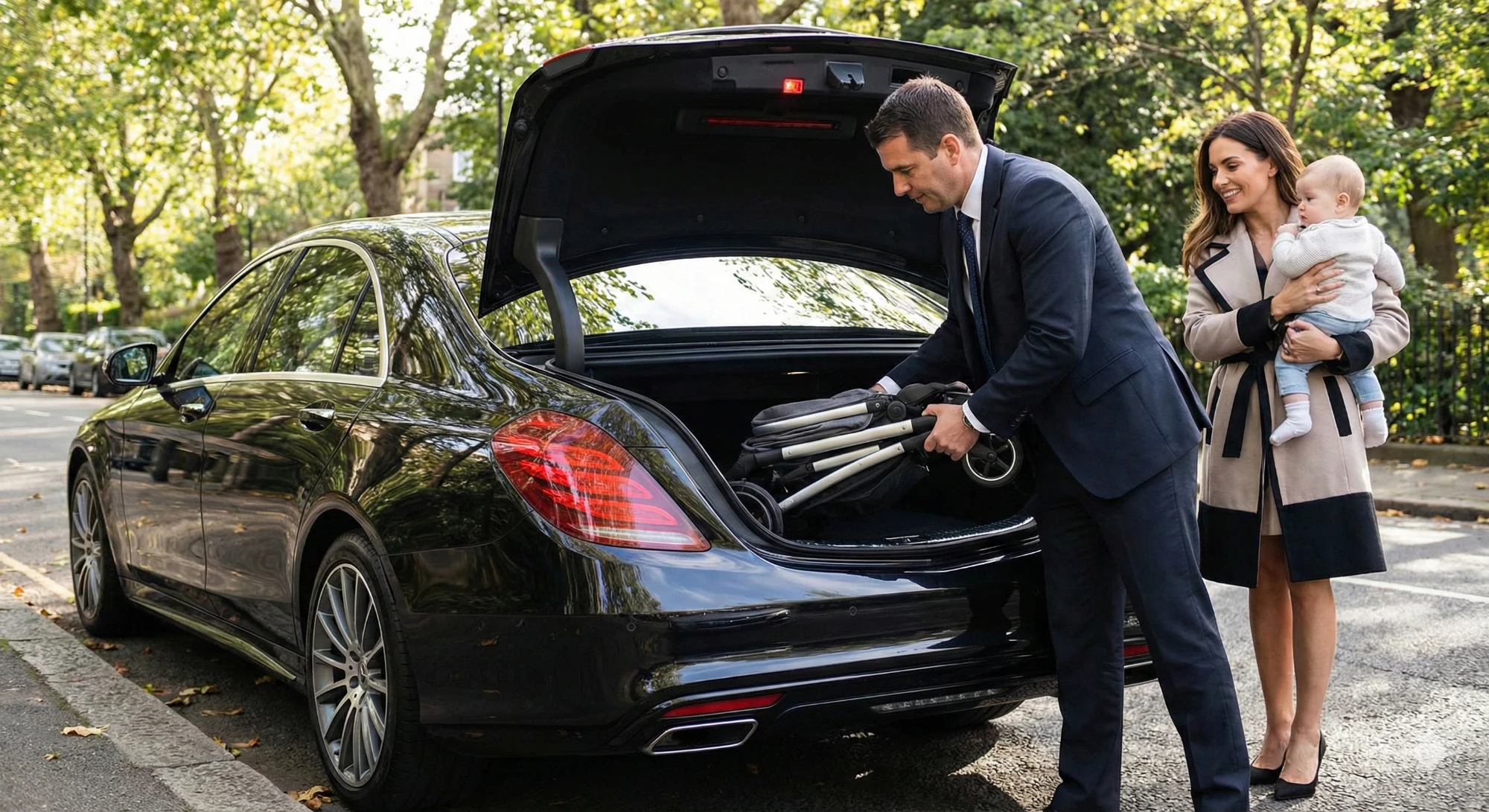 Suited chauffeur loading a pram into the boot of a black Mercedes S-Class while a client waits with her baby