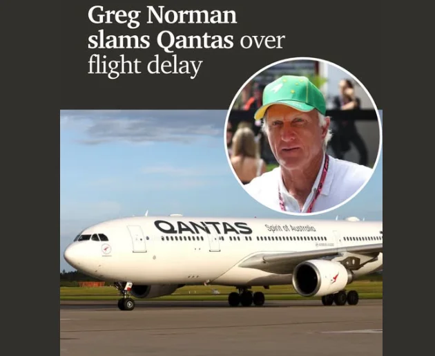 News graphic headlined Greg Norman slams Qantas over flight delay, with an inset photo of Greg Norman in a green cap above a Qantas aircraft on the tarmac