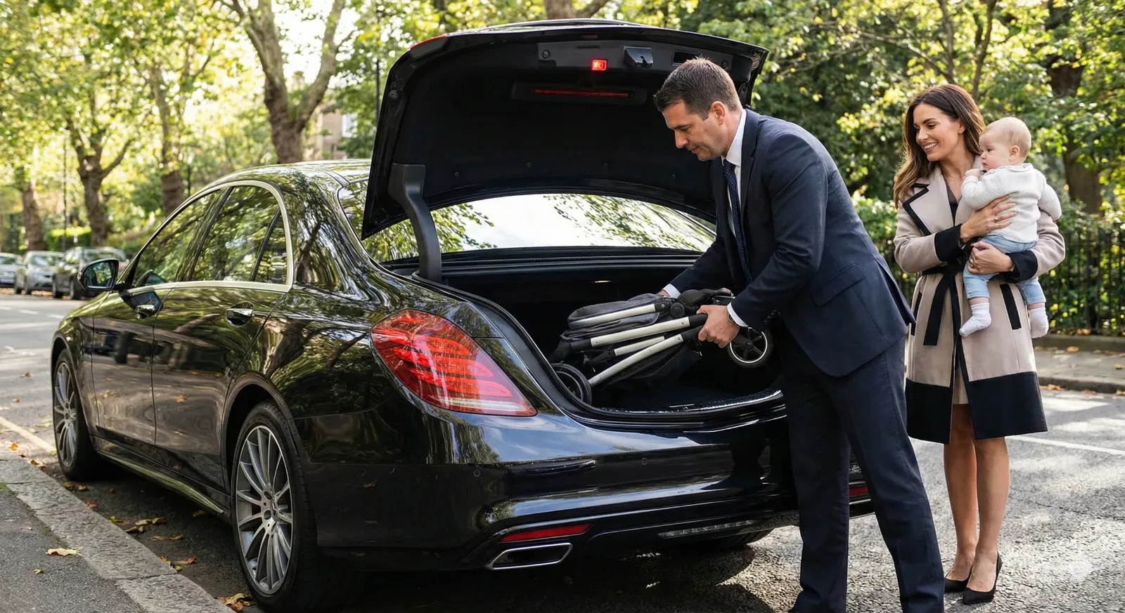 Cars on Demand chauffeur loading a pram into the boot of a black Mercedes S-Class while a mother waits with her baby