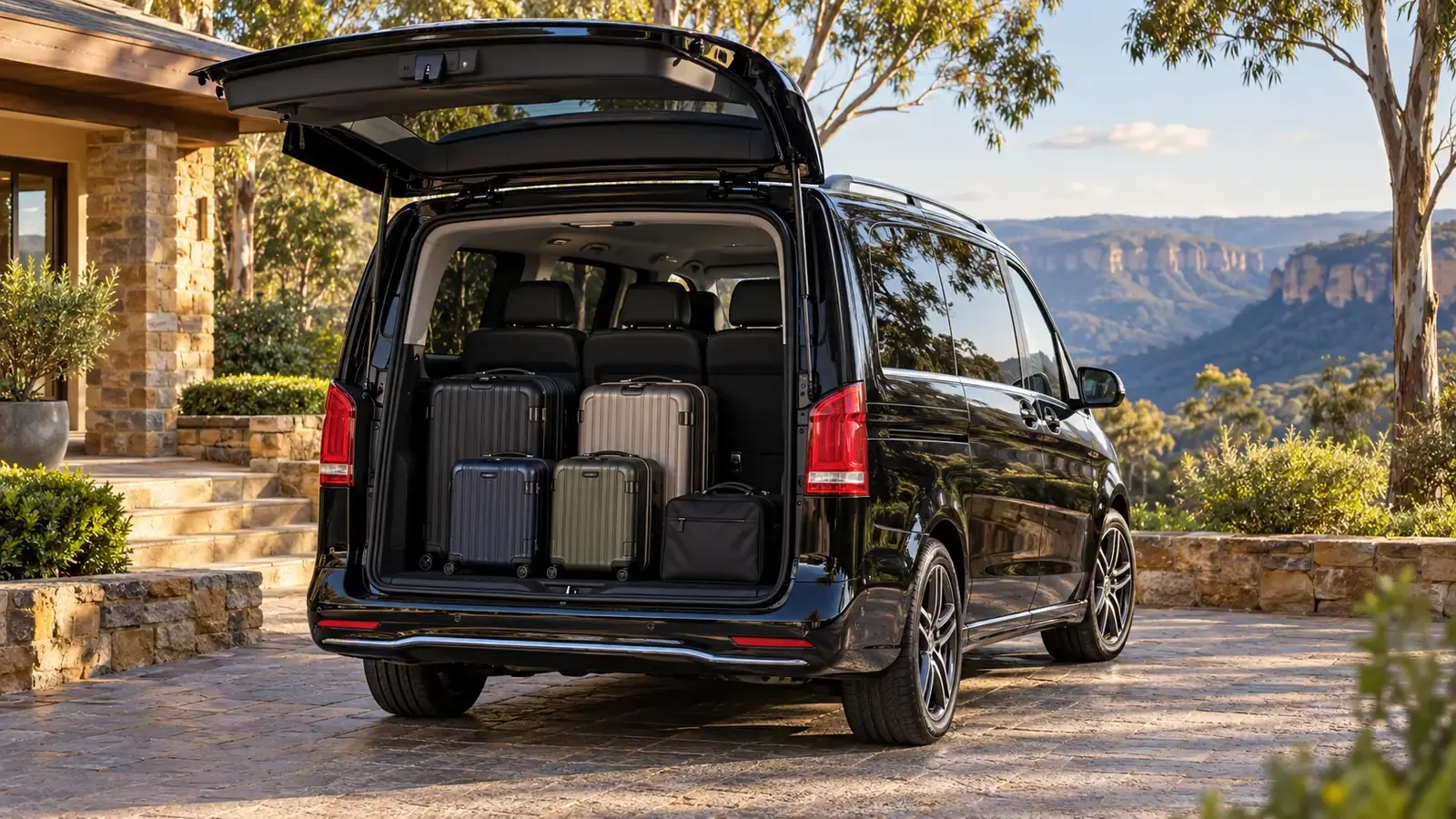Black people mover with its tailgate open and suitcases loaded for a summer holiday getaway