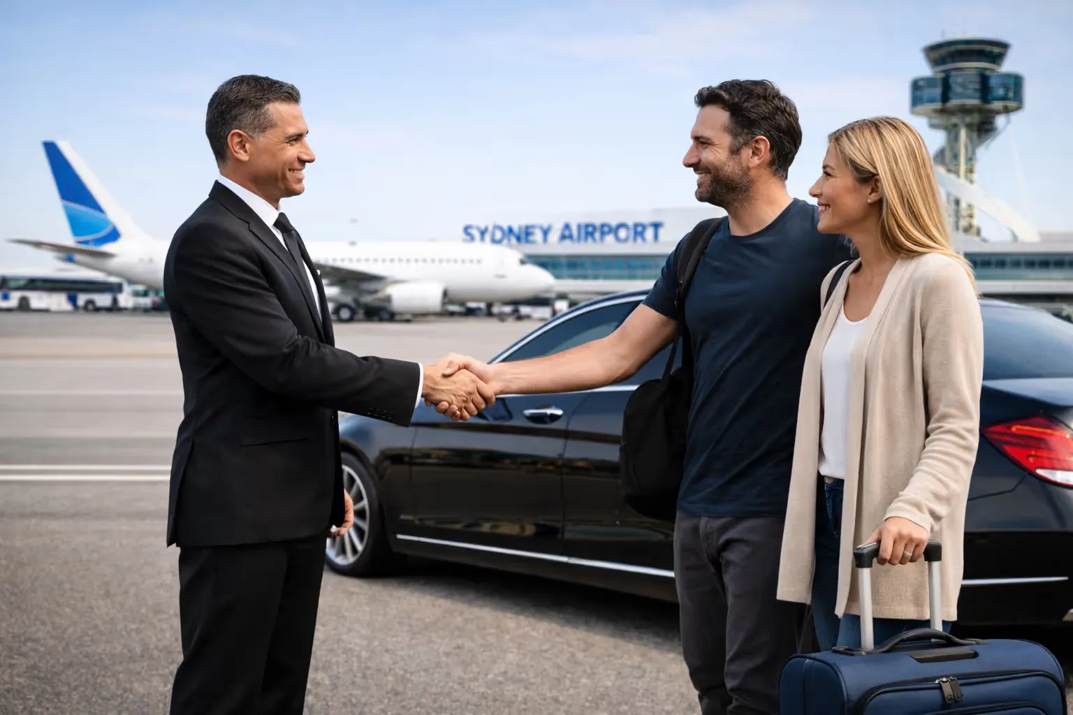 Cars on Demand chauffeur shaking hands with two arriving travellers beside a black executive sedan at Sydney Airport