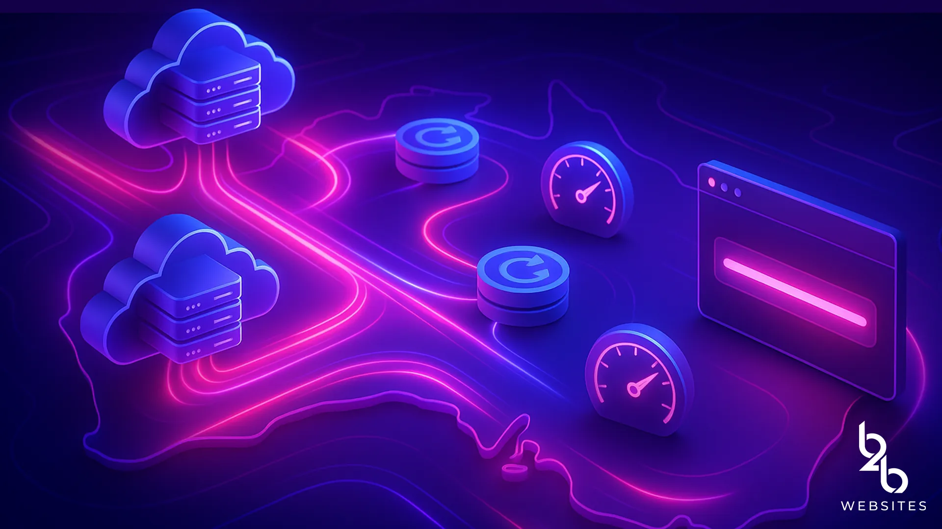 Cloud hosting, speed icons, and browser elements over a glowing Australia map in neon colours.