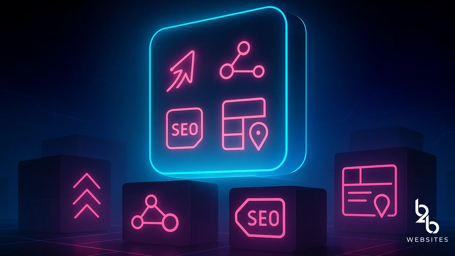 Digital cubes with SEO, network, and location icons glowing in blue and pink on a dark background