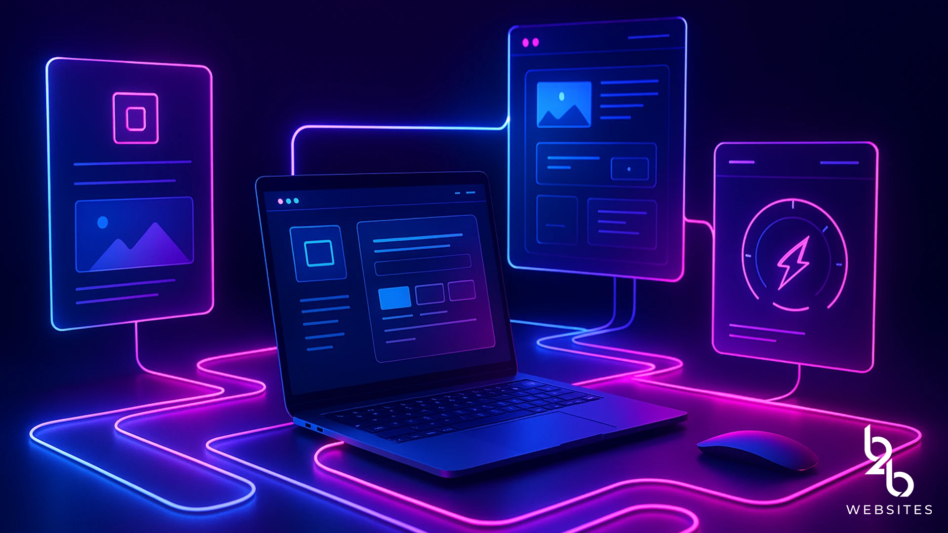 Laptop connected to glowing UI screens in neon pink and blue, representing modern web design systems.