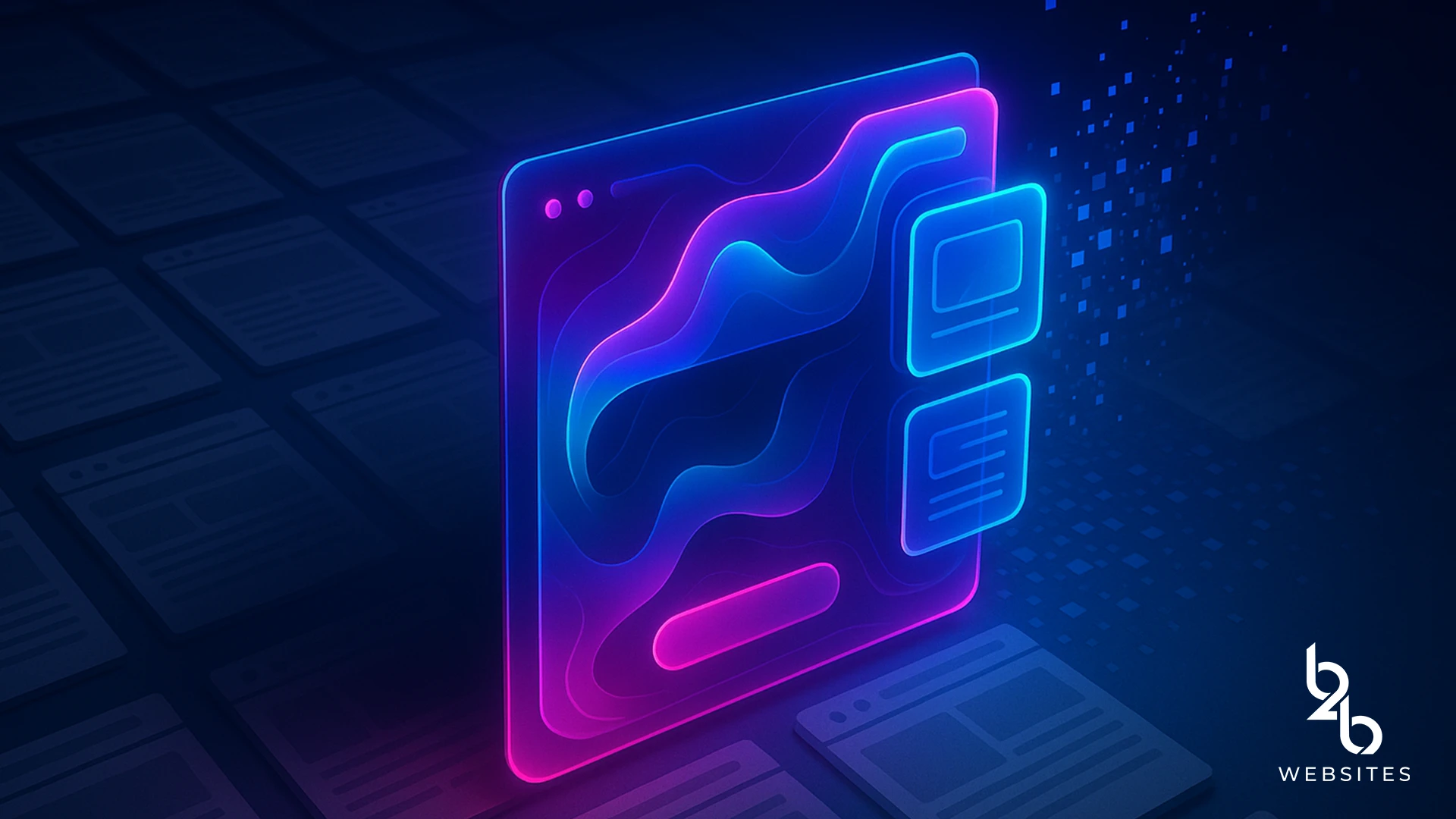Glowing abstract web interface generating dynamic UI cards, representing automated content creation