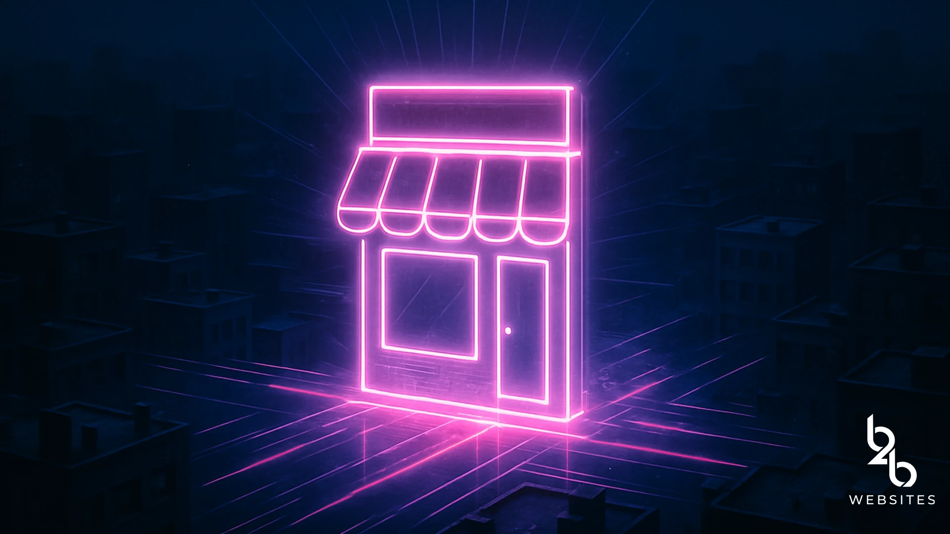 Glowing neon storefront icon on dark cityscape background symbolizing online store visibility.