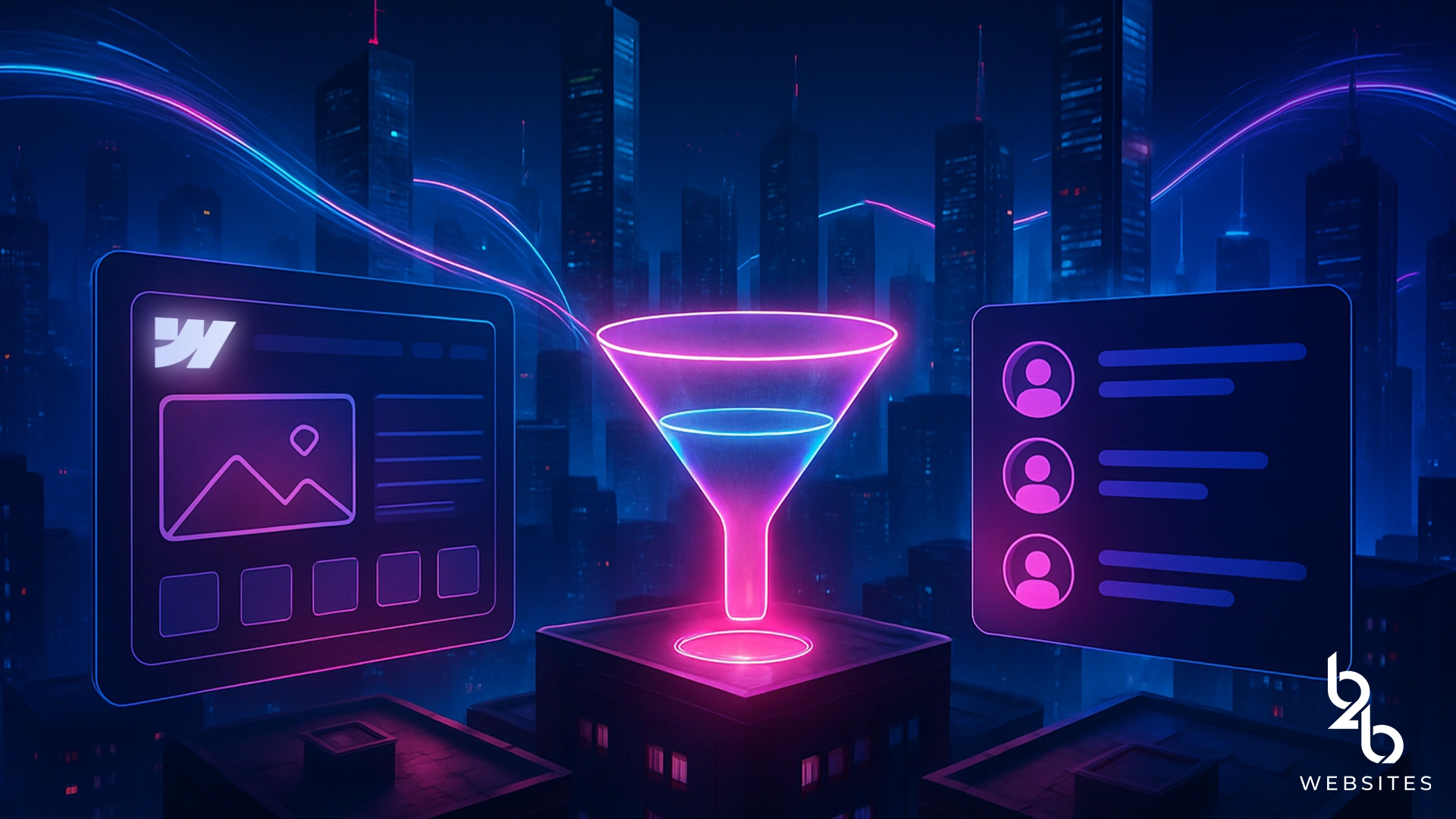 Webflow interface directing user data through a neon funnel into a lead capture system.
