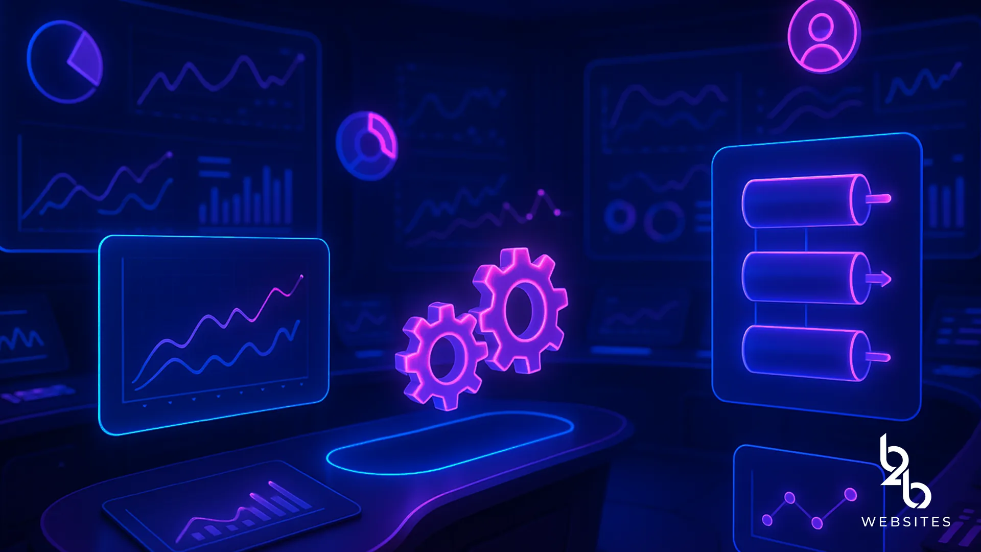 Dashboard with charts, gears, and workflow icons in a dark theme.