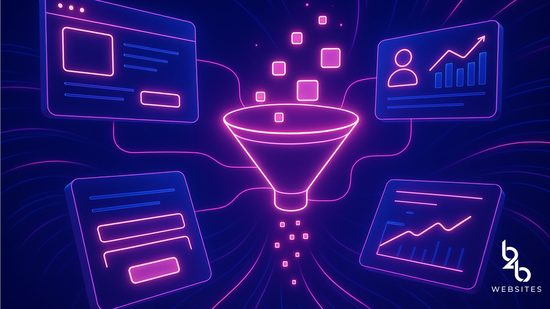 Neon funnel diagram filtering data from digital web interfaces.