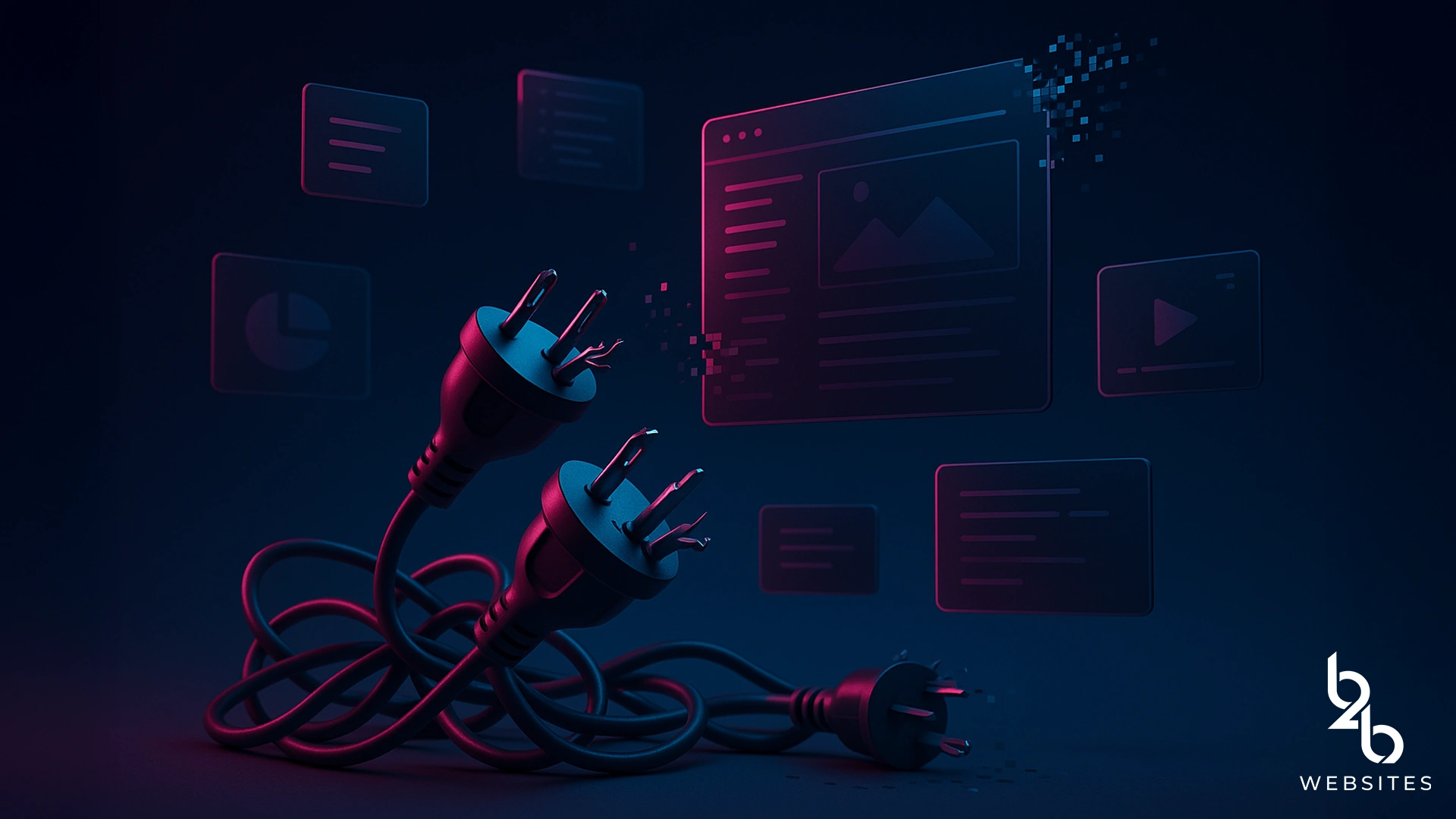 3D illustration of tangled power plugs connecting to digital web elements.
