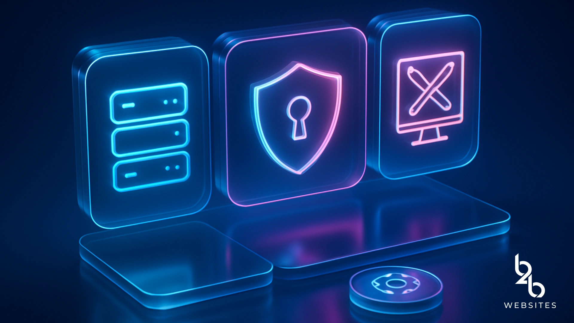 Glowing icons representing website security, server data, and design protection with a neon tech aesthetic.