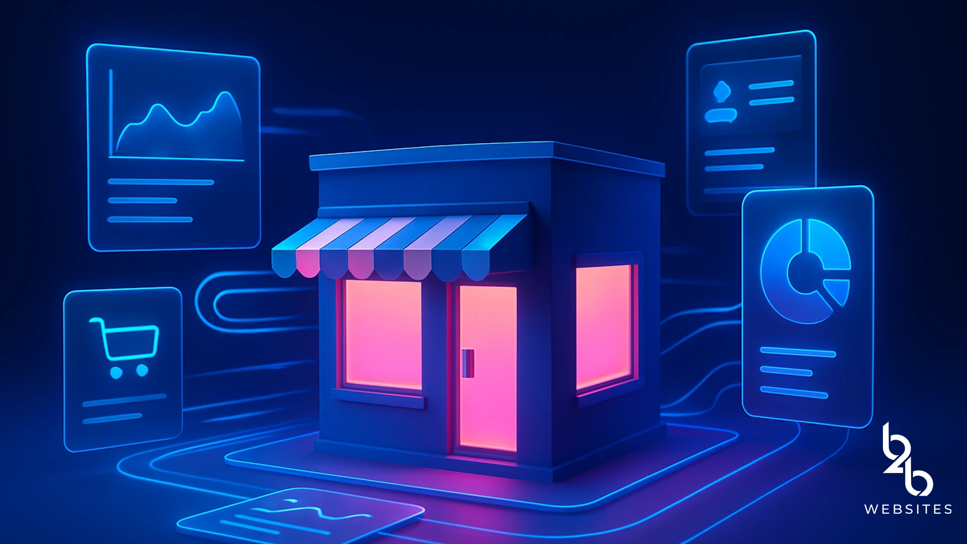 3D illustration of a digital storefront with charts and dashboards for online store analytics and data insights.
