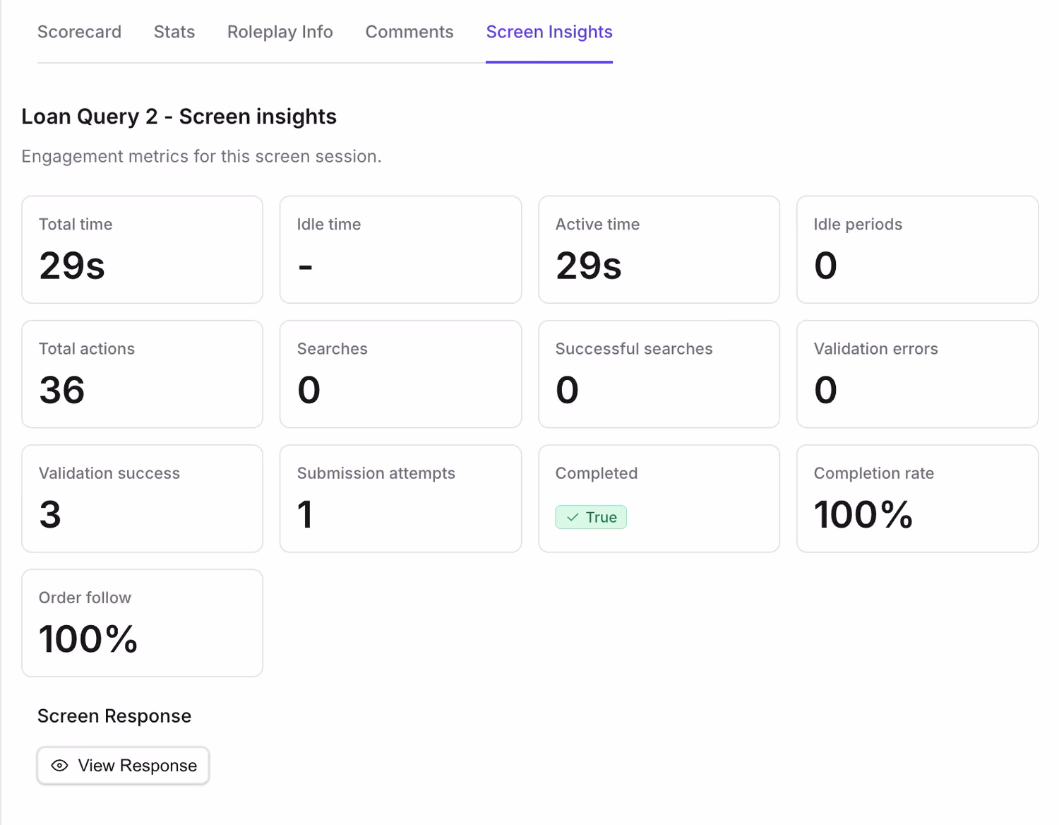 Screen Insights tab on a roleplay result showing total time, active time, total actions, completion rate, and order follow metrics