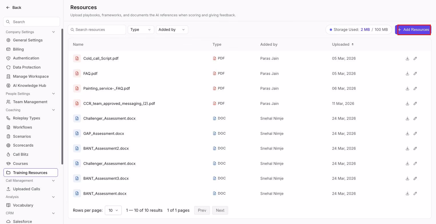 Resources settings page listing uploaded playbooks and documents