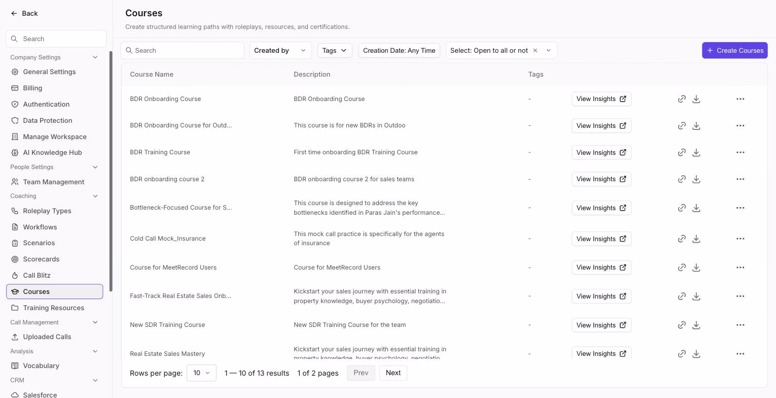 Courses settings page listing all created courses