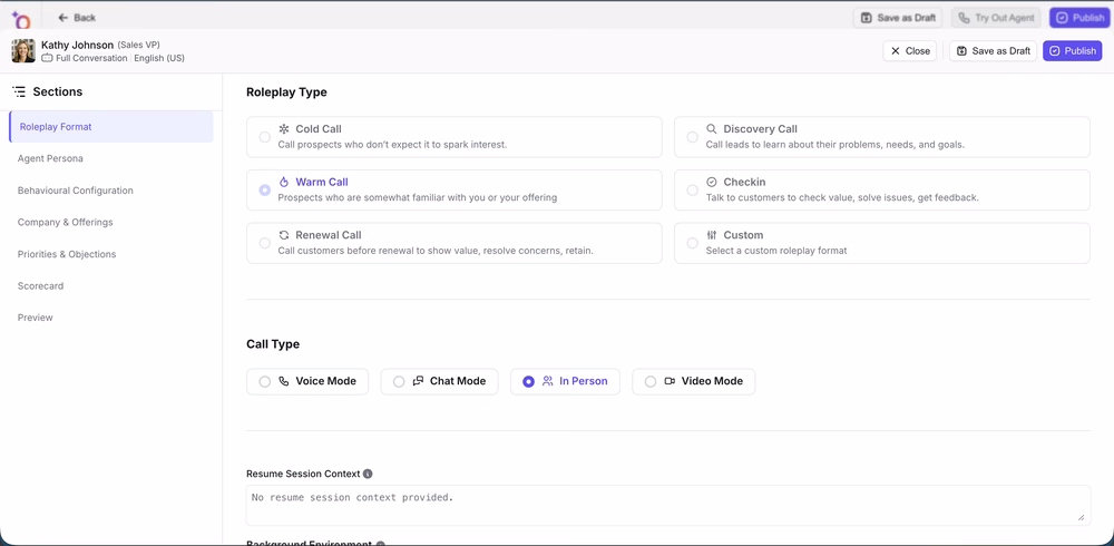 Call Type selection screen with In Person selected alongside Voice, Chat, and Video modes