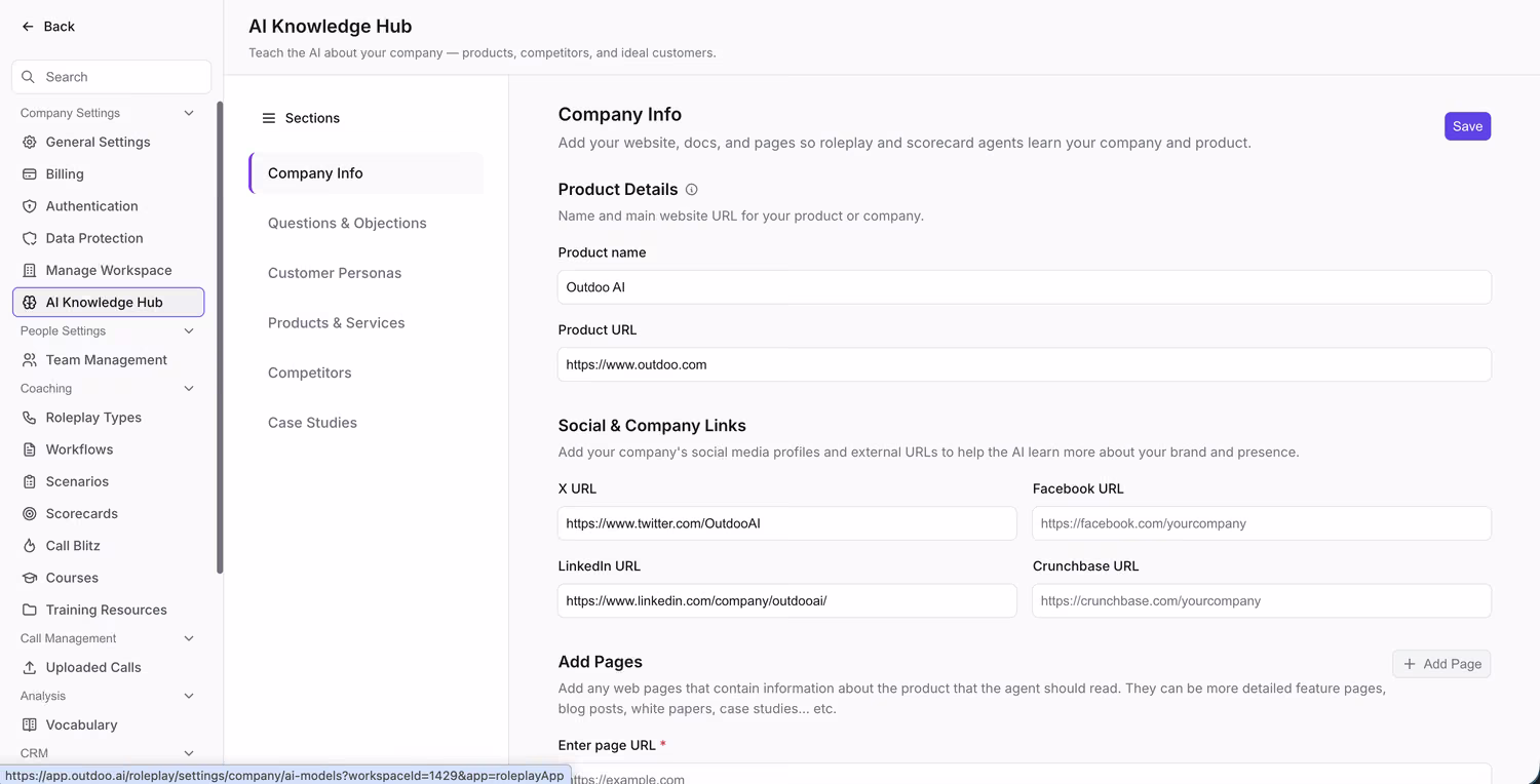 AI Knowledge Hub screen with a Sections list including Company Info, Questions & Objections, Customer Personas, Products & Services, Competitors, and Case Studies